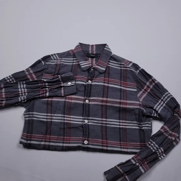 Theory Rammy Mantra Linen-Cotton Shirt Button Up Preppy Designer Plaid Small - Picture 2 of 9